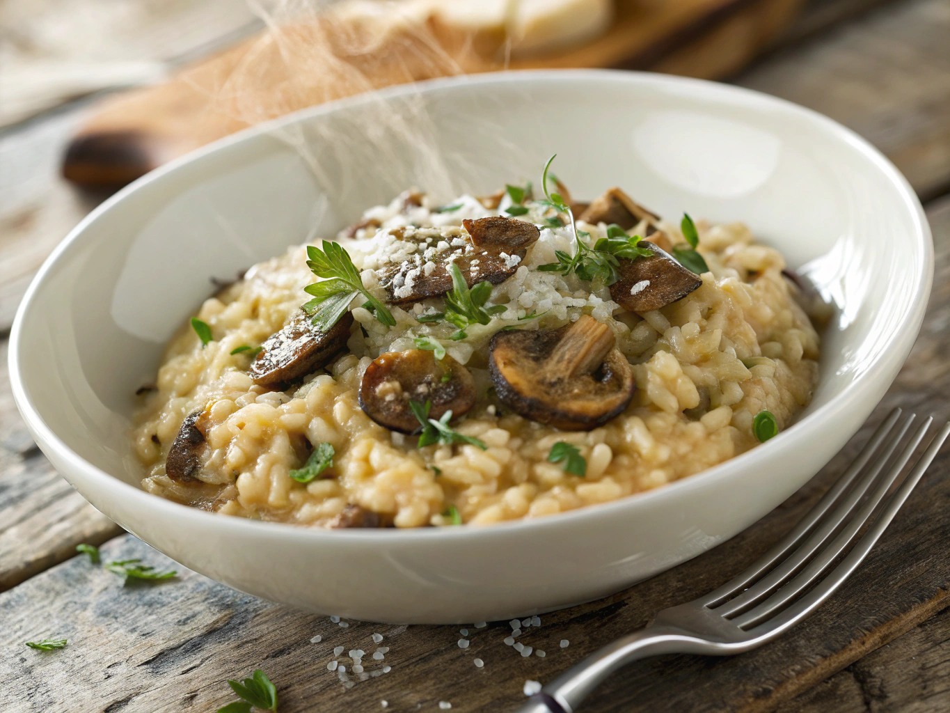 Creamy farro risotto with wild mushrooms and parmesan