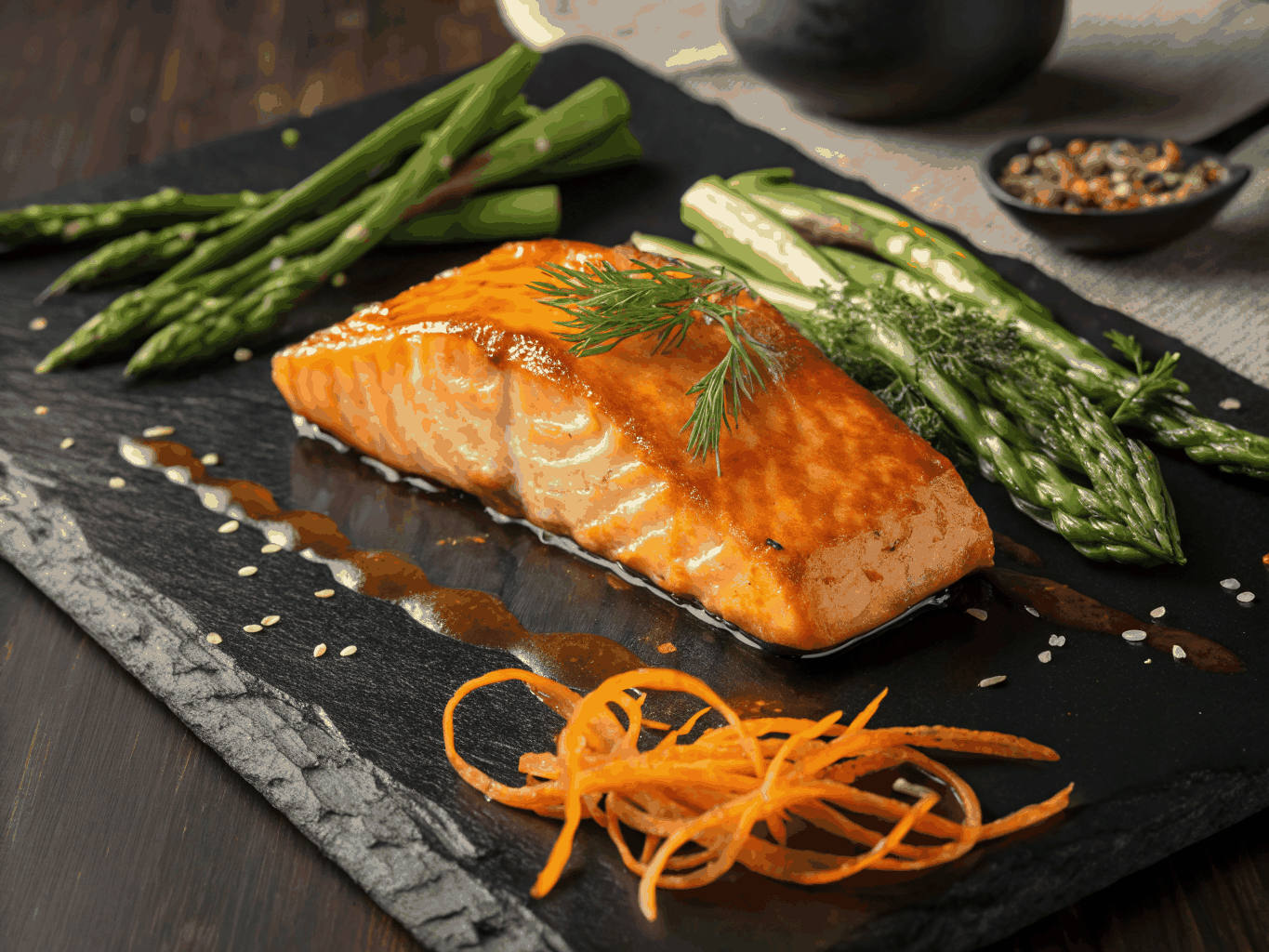 Glazed salmon fillet on a smoking cedar wood plank