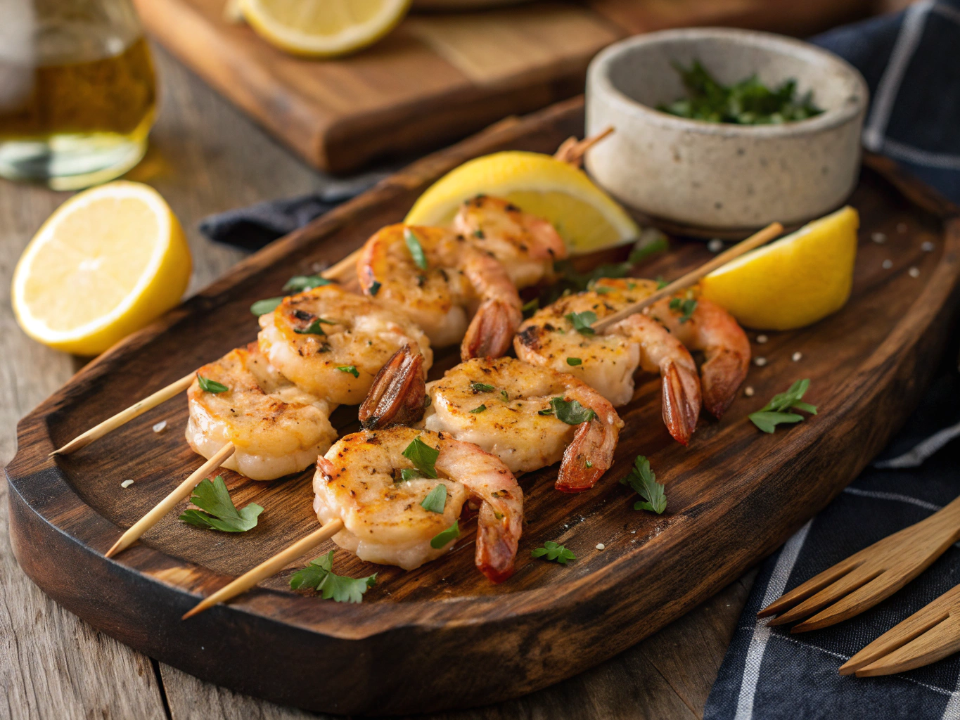 Grilled shrimp with garlic, herbs, and lemon wedges