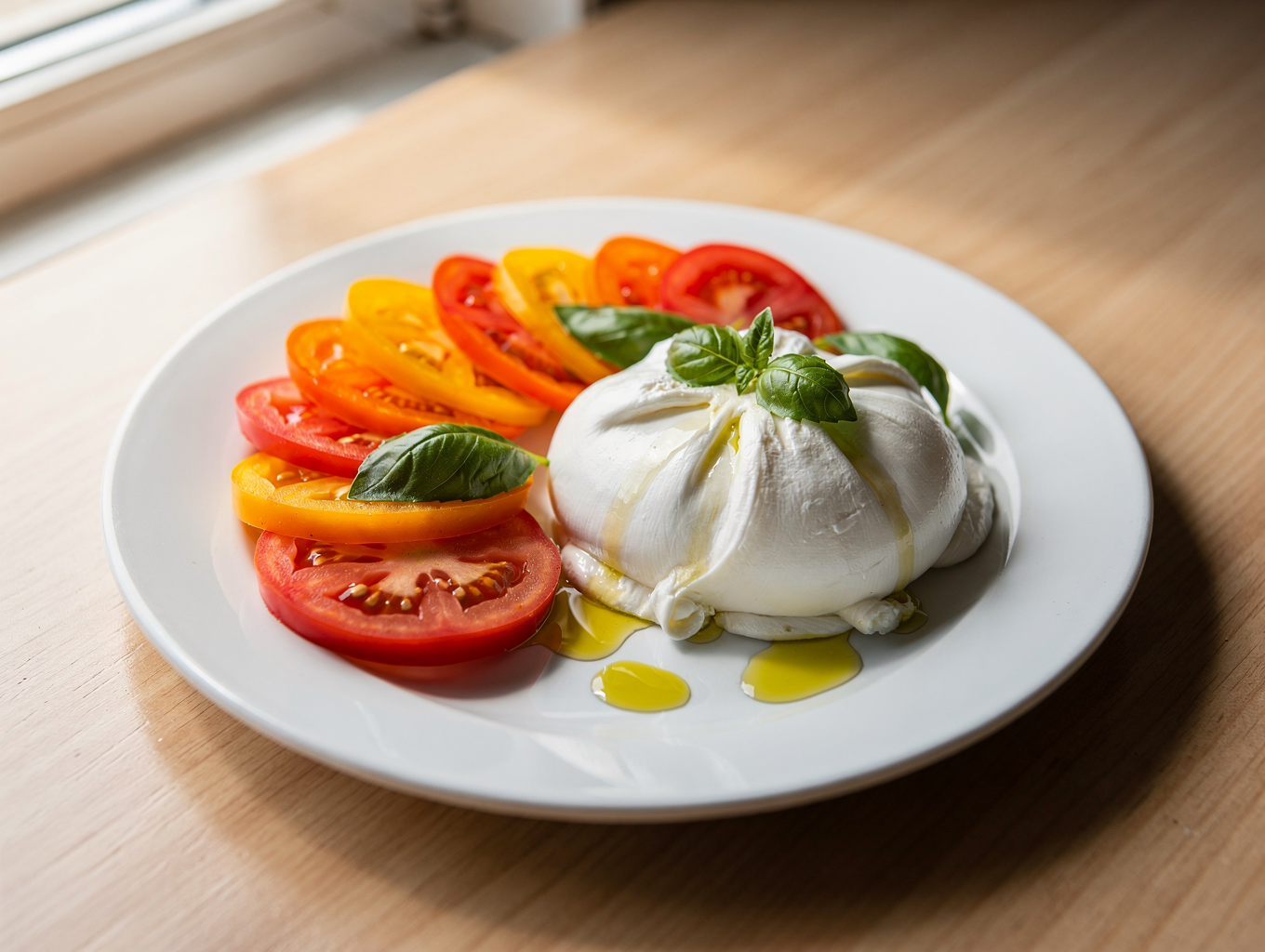 Heirloom tomato tart with goat cheese and fresh basil leaves