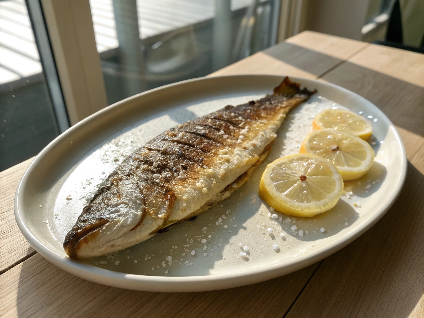Pan-seared sea bass with garden greens and lemon butter