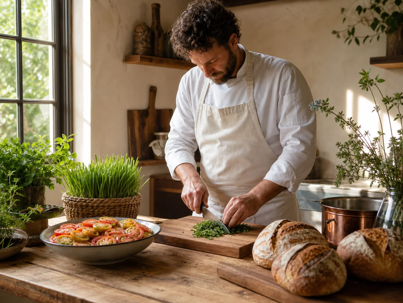 Chef preparing fresh seasonal vegetables in a sunlit kitchen