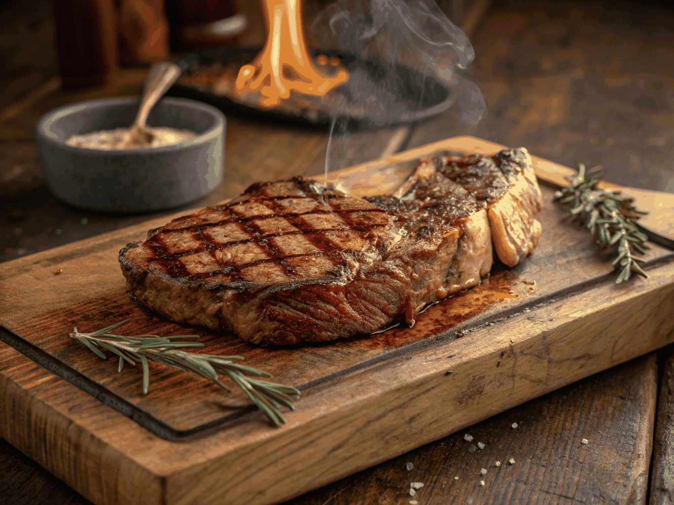 Grilled ribeye steak over open flame with charred herbs