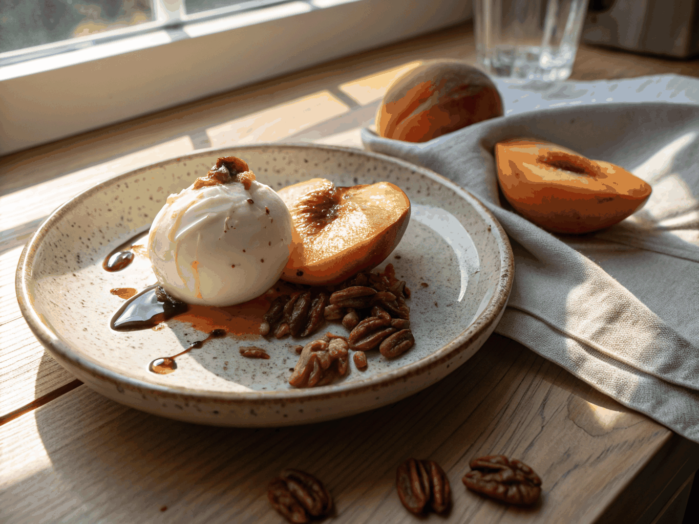 Grilled peaches with burrata cheese, basil, and balsamic glaze