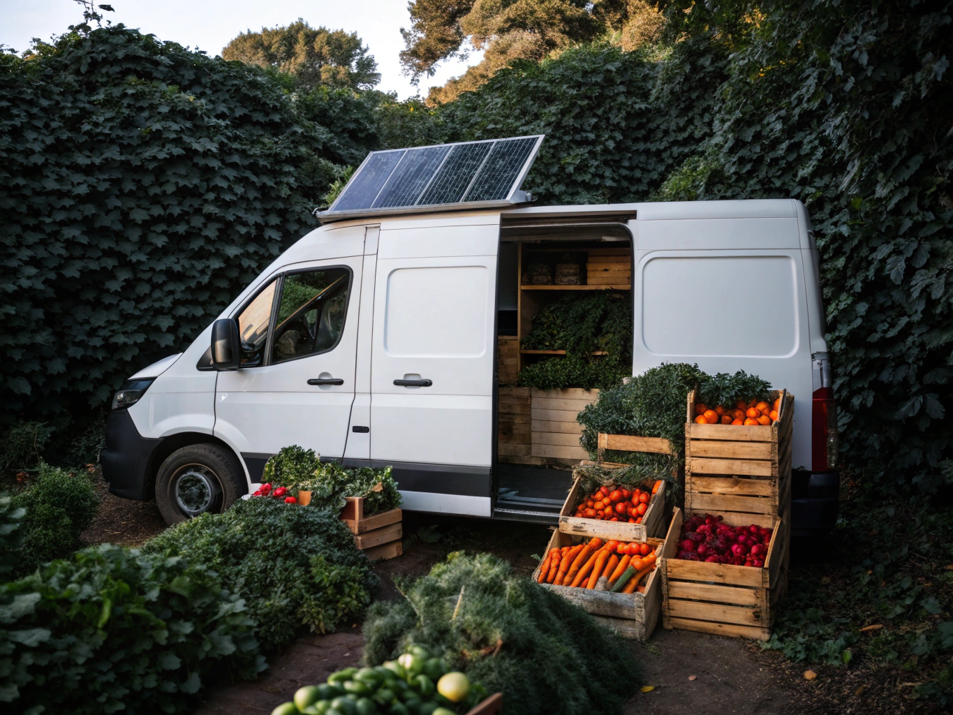 Sustainable transport van arriving at bistro kitchen